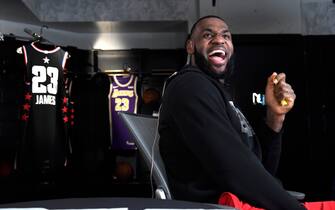 BOSTON, MA - FEBRUARY 7: LeBron James #23 of the Los Angeles Lakers reacts during the 2019 All-Star Draft on February 7, 2019 at TD Garden in Boston, Massachusetts.  NOTE TO USER: User expressly acknowledges and agrees that, by downloading and or using this photograph, User is consenting to the terms and conditions of the Getty Images License Agreement. Mandatory Copyright Notice: Copyright 2019 NBAE  (Photo by Brian Babineau/NBAE via Getty Images)