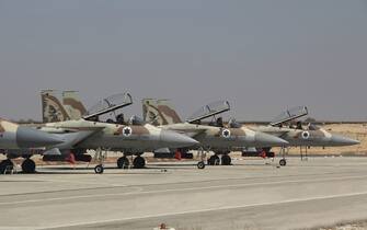 A line of F-15I Ra'am of the Israeli Air Force on display at Hatzerim Air Force Base, Israel.