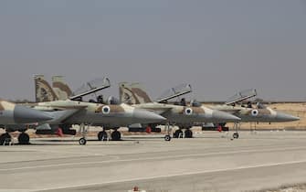 A line of F-15I Ra'am of the Israeli Air Force on display at Hatzerim Air Force Base, Israel.