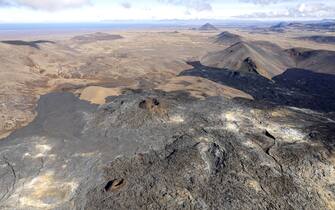 GRINDAVIK, ICELAND - APRIL 14: Aerial view of Fargradalsfjall volcano on April 14, 2023 in Grindavik, Iceland. .(Photo by Athanasios Gioumpasis/Getty Images)