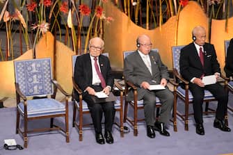epa11768066 (L-R) Representatives of the 2024 Nobel Peace Prize winner, the 'Nihon Hidankyo' organization, Terumi Tanaka, Shigemitsu Tanaka and Toshiyuki Mimaki, during the 2024 Nobel Peace Prize award ceremony at the Oslo City Hall, Norway, 10 December 2024. The Nobel Peace Prize 2024 will go to the The Japan Confederation of A- and H-Bomb Sufferers Organizations, known as Nihon Hidankyo, a grassroots movement of atomic bomb survivors from Hiroshima and Nagasaki that was formed in 1956.  EPA/JAVAD PARSA  NORWAY OUT