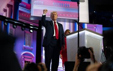 Former US President Donald J Trump speaks at the Republican National Convention in Milwaukee, Wisconsin at the Fiserv Forum on Thursday, July 18, 2024. Monday night was Trump’s first appearance since a rally in Pennsylvania, where he sustained injuries from an alleged bullet grazing his ear. Trump recounted the story in his speech, and also talked about Biden, immigration, and other topics. Credit: Annabelle Gordon / CNP/Sipa USA