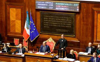 Il tabellone dell aula del Senato con il voto finale sul Ddl contro i femminicidi, Roma 22 novembre 2023. ANSA/FABIO FRUSTACI
