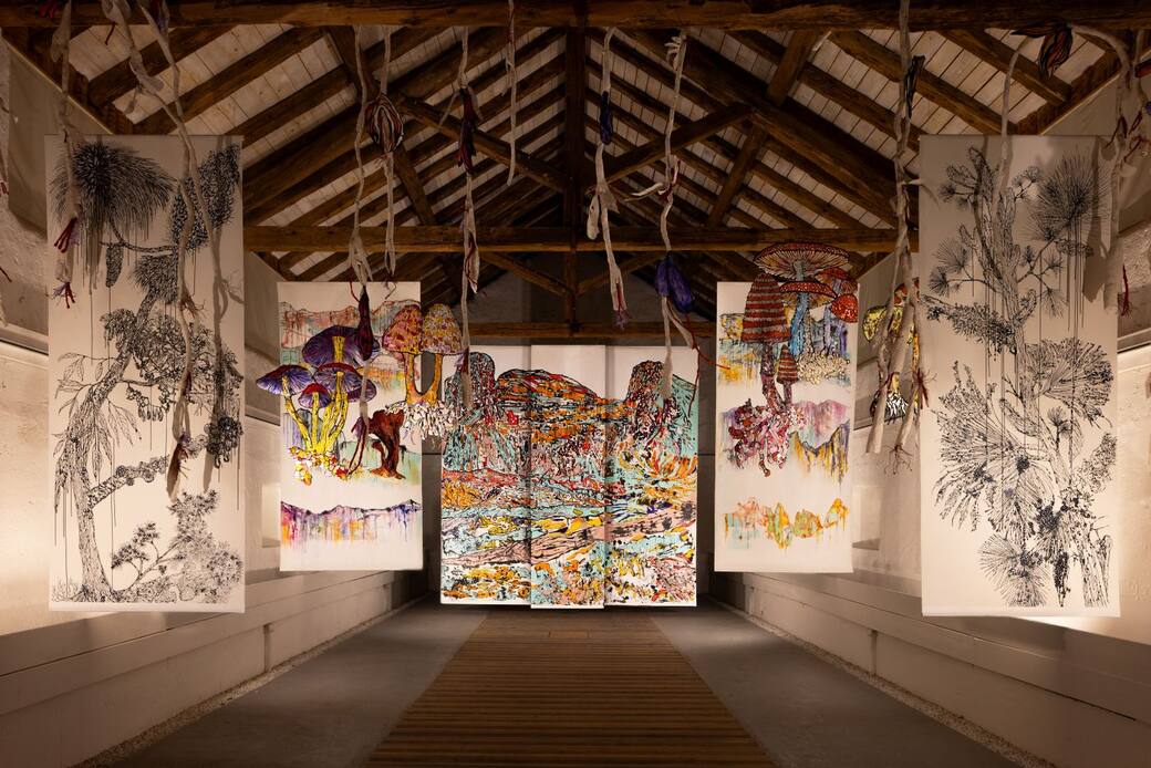 Vista dell’allestimento della mostra Lotta per l’esistenza di Marzia Migliora - Arte Sella. Ph Giacomo Bianchi –