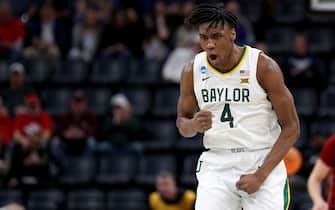 MEMPHIS, TENNESSEE - MARCH 22:  Ja'Kobe Walter #4 of the Baylor Bears reacts to a play in the first round of the NCAA Men's Basketball Tournament against the Colgate Raiders at FedExForum on March 22, 2024 in Memphis, Tennessee. (Photo by Justin Ford/Getty Images)