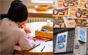 bambino gioca all'asilo nido, banconote da 50 euro e loghi inps