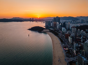 Aerial View Haeundae Sandy Beach During sunset. Haeundae Beach, Busan, South Korea.