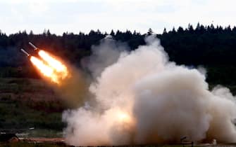 MOSCOW, RUSSIA - JUNE 25 : Russia's TOS-1A Solntsepek, a multi-barrel rocket launch (MBRL) system is being publicized at a fair in Kubinka town within 'ARMY-2019 International Military and Technical Forum', in Moscow, Russia on June 25, 2019. (Photo by Sefa Karacan/Anadolu Agency/Getty Images)