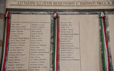 Cerimonia di scoprimento delle lapidi dedicate ai 14 nuovi Benemeriti iscritti nel Famedio al Cimitero Monumentale, Milano 2 Novembre 2023
ANSA/MATTEO CORNER 