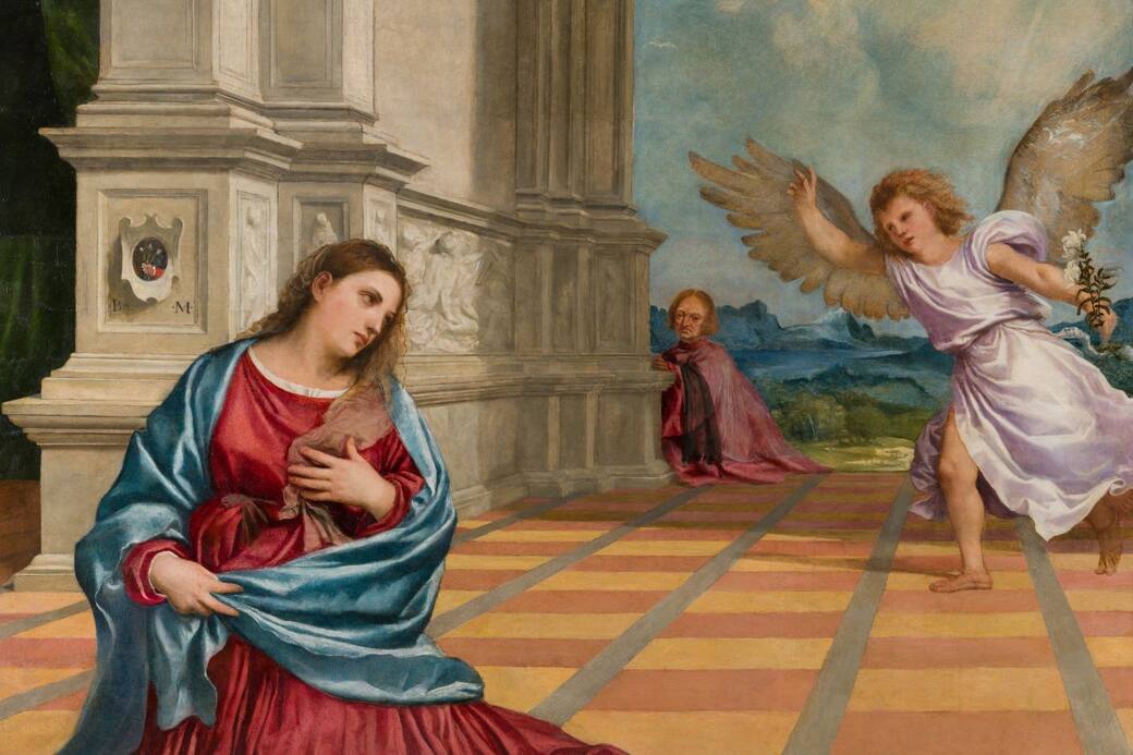 Tiziano Vecellio, Annunciazione (dettaglio). Olio su tavola, 1520 Treviso, Cattedrale di San Pietro apostolo – Cappella Malchiostro, altare