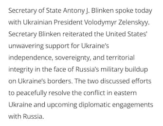 Nella nota diffusa dal dipartimento di Stato si spiega che Blinken e Zelensky hanno parlato “degli sforzi per risolvere pacificamente il conflitto in Ucraina orientale e dei prossimi contatti diplomatici con la Russia”