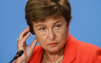 BERLIN, GERMANY - AUGUST 26: Managing Director of the International Monetary Fund (IMF) Kristalina Georgieva speaks during a press conference as the Chancellor meets with economic and financial organizations in Berlin at the German chancellery on August 26, 2021 in Berlin, Germany. (Photo by Clemens Bilan - Pool/Getty Images)