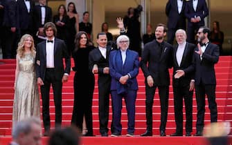 CANNES, FRANCE - MAY 16: (L to R) Pauline Pollmann, Diego Le Fur, Director Maïwenn, Johnny Depp, Pierre Richard, Benjamin Lavernhe, Pascal Greggory and Melvil Poupaud attend the "Jeanne du Barry" Screening & opening ceremony red carpet at the 76th annual Cannes film festival at Palais des Festivals on May 16, 2023 in Cannes, France. (Photo by Neilson Barnard/Getty Images)