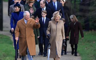 SANDRINGHAM, NORFOLK - DECEMBER 25: (L-R) Catherine, Princess of Wales, King Charles III, Prince George, Prince William, Prince of Wales, Queen Camilla and Mia Tindall attend the Christmas Morning Service at Sandringham Church on December 25, 2023 in Sandringham, Norfolk. (Photo by Stephen Pond/Getty Images)