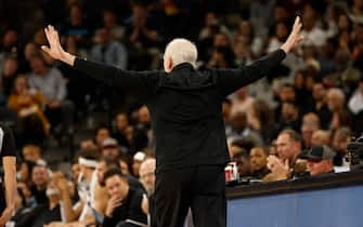 SAN ANTONIO, TX - NOVEMBER 22:  Gregg Popovich head coach of the San Antonio Spurs tries to quiet down the booing at the official in a game against the Los Angeles Clippers in the first half at Frost Bank Center on November  22, 2023 in San Antonio, Texas. NOTE TO USER: User expressly acknowledges and agrees that, by downloading and or using this photograph, User is consenting to terms and conditions of the Getty Images License Agreement. (Photo by Ronald Cortes/Getty Images)