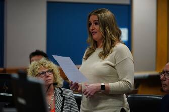 ATLANTA, GEORGIA - OCTOBER 24: Jenna Ellis reads a statement after pleading guilty to a felony count of aiding and abetting false statements and writings, inside Fulton Superior Court Judge Scott McAfee's Fulton County Courtroom at the Fulton County Courthouse October 24, 2023 in Atlanta, Georgia. Ellis, an attorney and prominent conservative media figure, reached a deal with prosecutors to plead guilty to a reduced charge over efforts to overturn Donald Trump's 2020 election loss in Georgia. (Photo by John Bazemore-Pool/Getty Images)