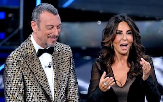 Sanremo Festival host and artistic director Amadeus with Italian actress Sabrina Ferilli on stage at the Ariston theatre during the 74th Sanremo Italian Song Festival, in Sanremo, Italy, 08 February 2024. The music festival will run from 06 to 10 February 2024.  ANSA/ETTORE FERRARI