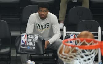 MILWAUKEE, WISCONSIN - JULY 01: Giannis Antetokounmpo #34 of the Milwaukee Bucks looks on before Game Five of the Eastern Conference Finals against the Atlanta Hawks at Fiserv Forum on July 01, 2021 in Milwaukee, Wisconsin. NOTE TO USER: User expressly acknowledges and agrees that, by downloading and or using this photograph, User is consenting to the terms and conditions of the Getty Images License Agreement. (Photo by Stacy Revere/Getty Images)
