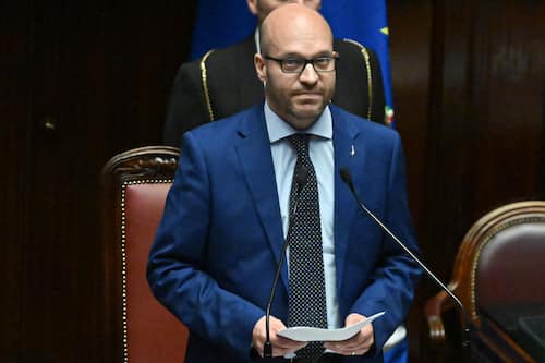 Member of the right-wing Lega (League) party, Lorenzo Fontana delivers a speech after being elected new speaker of the lower house on October 14, 2022 at the parliament building in Rome, following the general elections. - Italy's parliament met for the first time Thursday since the far-right won elections last month, a rocky first step in the process of forming a government, with tensions running high. The government, set to be Italy's most right-wing since World War II, is expected to be in place by the end of the month. (Photo by Alberto PIZZOLI / AFP)