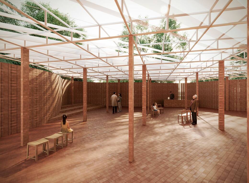 Serpentine Pavilion 2026 a serpentine, designed by Isabel Abascal and Alessandro Arienzo, LANZA atelier. Design render, aerial view. © LANZA atelier. Courtesy Serpentine