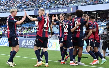 NAPLES, ITALY - MAY 11: Stefan Posh of Bologna celebrates his goal during the Serie A TIM match between SSC Napoli and Bologna FC at Stadio Diego Armando Maradona on May 11, 2024 in Naples, Italy. (Photo by Image Photo Agency/Getty Images)