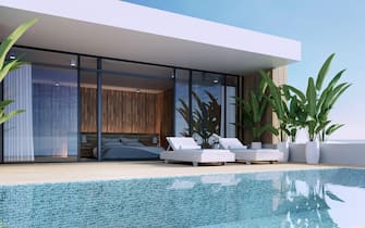 Luxury pool villa bedroom sea view on beach - 3D rendering