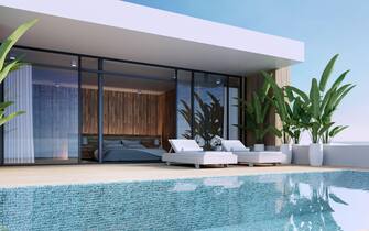 Luxury pool villa bedroom sea view on beach - 3D rendering