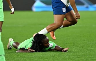 (230807) -- BRISBANE, Aug. 7, 2023 (Xinhua) -- England's Lauren James (R) fouls Nigeria's Michelle Alozie during the round of 16 match between England and Nigeria at the 2023 FIFA Women's World Cup in Brisbane, Australia, Aug. 7, 2023. (Xinhua/Li Yibo) - Li Yibo -//CHINENOUVELLE_XxjpbeE007464_20230807_PEPFN0A001/Credit:CHINE NOUVELLE/SIPA/2308071601