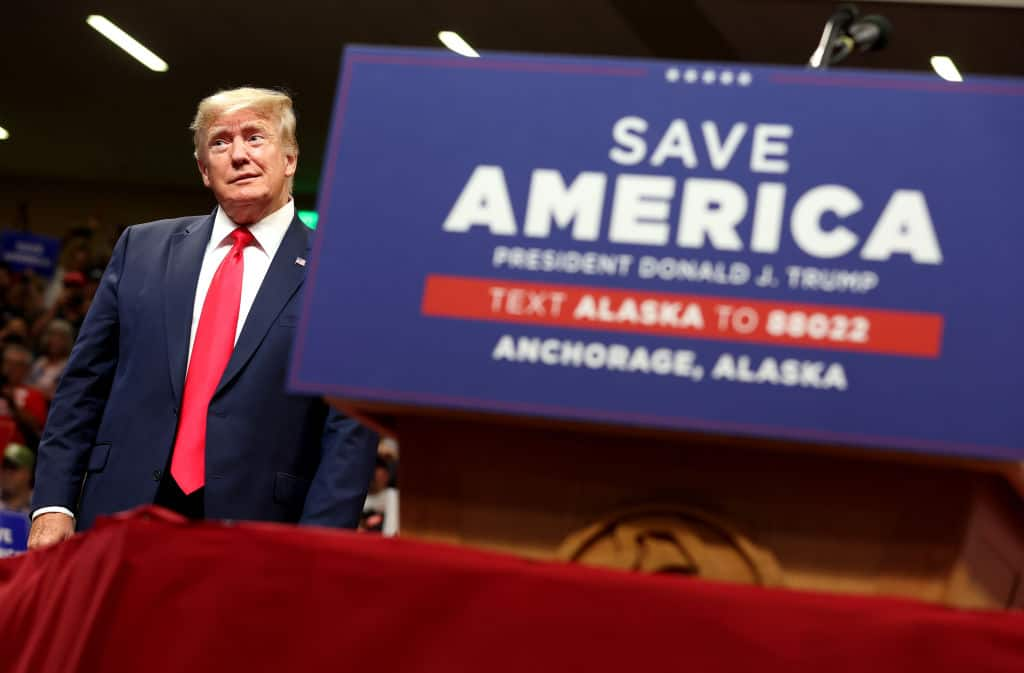 ANCHORAGE, ALASKA - JULY 09: Former U.S. President Donald Trump greets supporters during a "Save America" rally at Alaska Airlines Center on July 09, 2022 in Anchorage, Alaska. Former President Donald Trump held a "Save America" rally in Anchorage where he campaigned with U.S. House candidate former Alaska Gov. Sarah Palin and U.S. Senate candidate Kelly Tshibaka.  (Photo by Justin Sullivan/Getty Images)