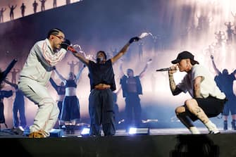 INDIO, CALIFORNIA - APRIL 19: (FOR EDITORIAL USE ONLY) (L-R) Ryan Castro performs with Peso Pluma at the Coachella Stage during the 2024 Coachella Valley Music and Arts Festival at Empire Polo Club on April 19, 2024 in Indio, California. (Photo by Frazer Harrison/Getty Images for Coachella)