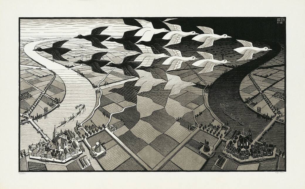 M.C. Escher, Giorno e notte, 1938. Xilografia, 391x677 mm. Collezione M.C. Escher Heritage, Paesi Bassi. All M.C. Escher works © 2026 The M.C. Escher Company, The Netherlands. All rights reserved www.mcescher.com