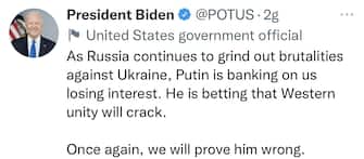 "Mentre la Russia continua a commettere atti brutali contro l'Ucraina, Putin punta su una nostra perdita di interesse. Scommette che l'Occidente si dividerà. Ancora una volta, gli dimostreremo che si sbagliava”. È quanto ha scritto Joe Biden su Twitter, aggiungendo anche che “la forte coesione tra gli alleati sta mandando un messaggio molto chiaro a Putin: non vincerà mai”