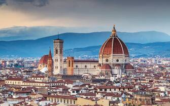 The historic centre of Florence is protected by UNESCO as a World Heritage Site. The dome of Basilica di Santa Maria del Fiore otherwise known as the Duomo can be seen.