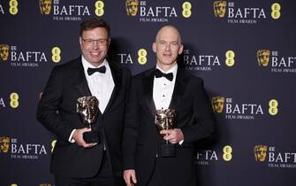 epa11901527 (L-R) Ron Bartlett and Gareth John pose in the press room after winning the Best Sound Award for 'Dune: Part Two' during the BAFTA Film Awards at the Royal Festival Hall in London, Britain, 16 February 2025. The ceremony is hosted by the British Academy of Film and Television Arts (BAFTA).  EPA/TOLGA AKMEN