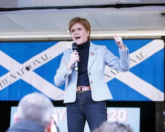 epa07967425 Scottish First Minister and SNP leader Nicola Sturgeon delivers a speech at an independence rally in George Square, Glasgow, Britain, 02 November 2019. Thousands of supporters of Scottish independence have gathered in Glasgow to demand second independence referendum.  EPA/ROBERT PERRY