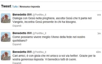 I primi tre messaggi pubblicati da papa Benedetto XVI sul suo profilo twitter il 12 dicembre 2012. ANSA / TWITTER