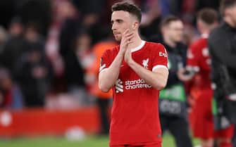 epa11273882 Diogo Jota of Liverpool reacts after the UEFA Europa League quarter-finals, 1st leg soccer match between Liverpool FC and BC Atalanta, in Liverpool, Britain, 11 April 2024.  EPA/ADAM VAUGHAN