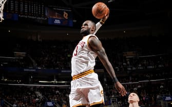 CLEVELAND, OH - APRIL 4: LeBron James #23 of the Cleveland Cavaliers dunks against the Orlando Magic during the game on April 4, 2017 at Quicken Loans Arena in Cleveland, Ohio. NOTE TO USER: User expressly acknowledges and agrees that, by downloading and/or using this Photograph, user is consenting to the terms and conditions of the Getty Images License Agreement. Mandatory Copyright Notice: Copyright 2017 NBAE  (Photo by David Liam Kyle/NBAE via Getty Images)