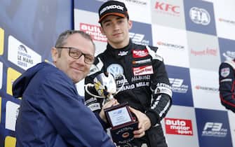 FIA F3 European Championship - Round 1, Race 2.
Silverstone, Northamptonshire, UK
10th - 12th April 2015
Prize giving ceremony, 7 Charles Leclerc (MCO, Van Amersfoort Racing, Dallara F312 â   Volkswagen) getting the trophy of Stefano Domenicali (President FIA Single-Seater Commission).
Copyright Free FOR EDITORIAL USE ONLY. Mandatory Credit: FIA F3.
ref: Digital Image FIAF3-1428762620