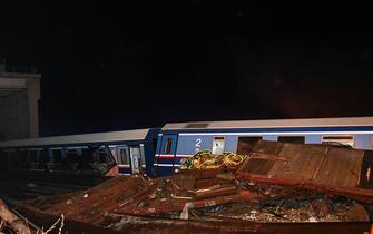 Rail accident involving a collision between a cargo and a passenger train in the Evangelismos area of Larissa, Greece on March 1, 2023. (Photo by STRINGER / SOOC / SOOC via AFP) (Photo by STRINGER/SOOC/AFP via Getty Images)