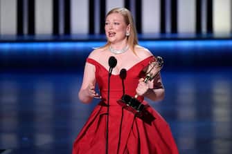 Jan 15, 2024; Los Angeles, CA, USA; Sarah Snook accepts the award for best lead actress in a drama series during the 75th Emmy Awards at the Peacock Theater in Los Angeles on Monday, Jan. 15, 2024. Mandatory Credit: Robert Hanashiro-USA TODAY/Sipa USA