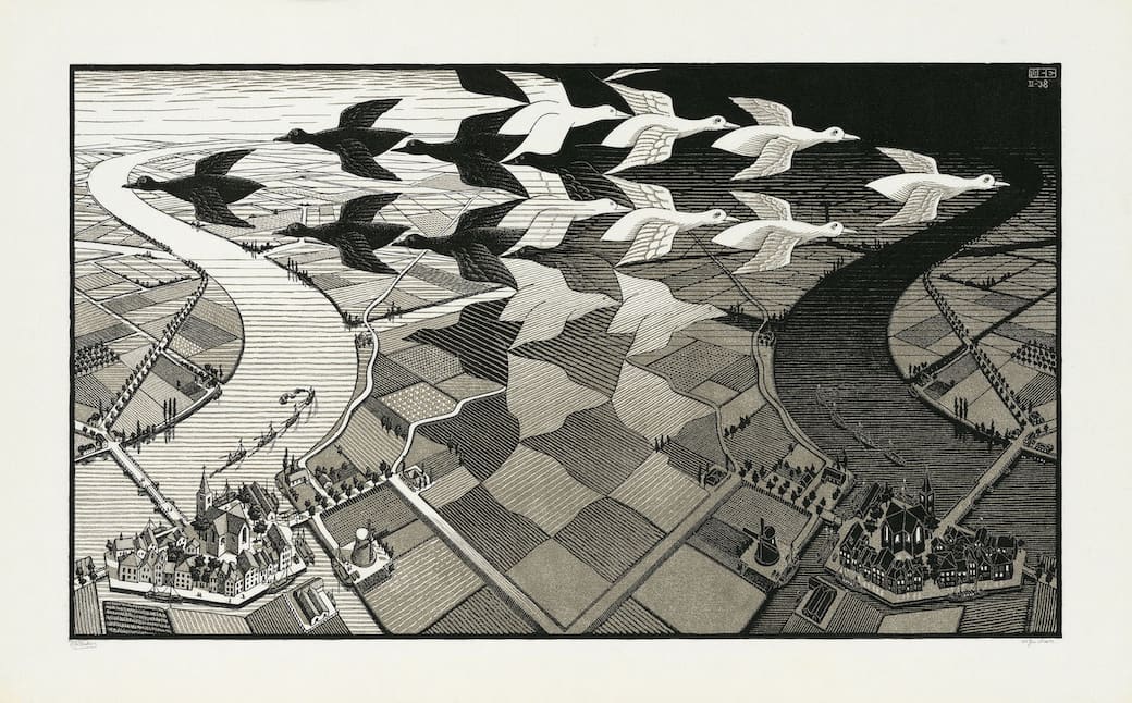 M.C. Escher, Giorno e notte, 1938. Xilografia, 391x677 mm. Collezione M.C. Escher Heritage, Paesi Bassi. All M.C. Escher works © 2026 The M.C. Escher Company, The Netherlands. All rights reserved www.mcescher.com
