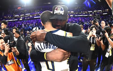 LAS VEGAS, NV - DECEMBER 9: LeBron James #23 of the Los Angeles Lakers and Tyrese Haliburton #0 of the Indiana Pacers embrace after the game during the In-Season Tournament Championship game on December 9, 2023 at T-Mobile Arena in Las Vegas, Nevada. NOTE TO USER: User expressly acknowledges and agrees that, by downloading and or using this photograph, User is consenting to the terms and conditions of the Getty Images License Agreement. Mandatory Copyright Notice: Copyright 2023 NBAE (Photo by Andrew D. Bernstein/NBAE via Getty Images)