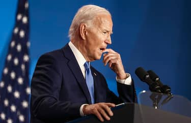 epa11473512 US President Joe Biden speaks during a press conference on the sidelines of the 75th Anniversary of the North Atlantic Treaty Organization (NATO) Summit at the Walter E. Washington Convention Center in Washington, DC, USA, 10 July 2024. President Biden is under increasing pressure from Democrats to step aside as the partyÂ?s presidential candidate.  EPA/JIM LO SCALZO