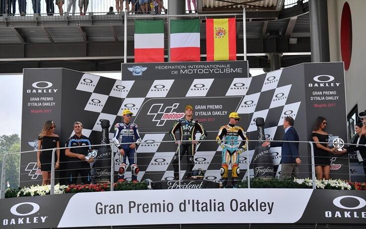 Mugello 2017, gara di Moto3: sul podio Juanfran Guevara (3°), Andrea Migno (1°) e Fabio Di Giannantonio (2°) Juanfran Guevara, Andrea Migno e Fabio Di Giannantonio