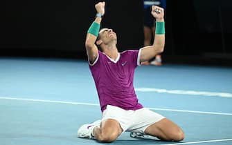 epa09718384 Rafael Nadal of Spain celebrates after defeating Daniil Medvedev of Russia in the menÂ?s singles final at the Australian Open grand slam tennis tournament at Melbourne Park in Melbourne, Australia, 30 January 2022.  EPA/DEAN LEWINS AUSTRALIA AND NEW ZEALAND OUT