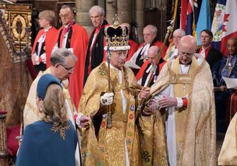 Britain's King Charles III with the St Edward's Crown on his head attends the Coronation Ceremony inside Westminster Abbey in central London on May 6, 2023. - The set-piece coronation is the first in Britain in 70 years, and only the second in history to be televised. Charles will be the 40th reigning monarch to be crowned at the central London church since King William I in 1066. Outside the UK, he is also king of 14 other Commonwealth countries, including Australia, Canada and New Zealand. Camilla, his second wife, will be crowned queen alongside him and be known as Queen Camilla after the ceremony. (Photo by Jonathan Brady / POOL / AFP) (Photo by JONATHAN BRADY/POOL/AFP via Getty Images)