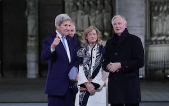 epa11762578 US politician John Kerry (L), French Prime Minister Michel Barnier (R) and his wife Isabelle (C) arrive for the reopening ceremony of the Notre Dame de Paris Cathedral, in Paris, France, 07 December 2024. The Notre-Dame de Paris Cathedral reopens on 07 December after nearly six years of renovation work following its destruction by a fire on 15 April 2019.  EPA/CHRISTOPHE PETIT TESSON / POOL