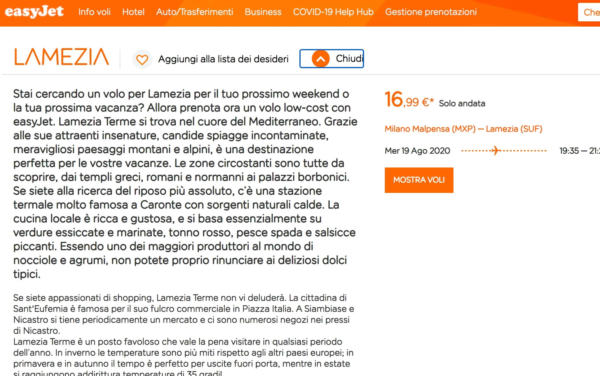 La descrizione modificata sul sito di EasyJet