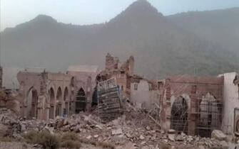 La moschea di Tinmel dopo il terremoto, 10 settembre 2023. Uno dei capolavori dell'arte sacra marocchina del 12mo secolo è ormai un cumulo di macerie. Testimonianza dello splendore almohade, nel pieno delle montagne dell'Atlante, era tappa obbligata per i cultori di arte in viaggio tra Marrakech e Taroudant.   ANSA / Olga Piscitelli